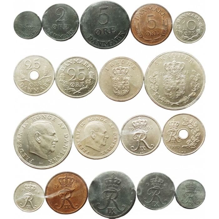 Дания 1 2 5 10 25 эре 1 5 крон 1960-1972 год Набор из 9 монет