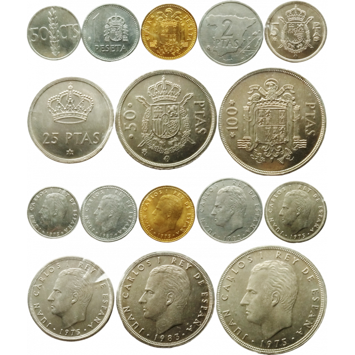 Испания 50 сентимо 1 2 5 25 50 100 песет 1975-2001 год Набор из 8 монет