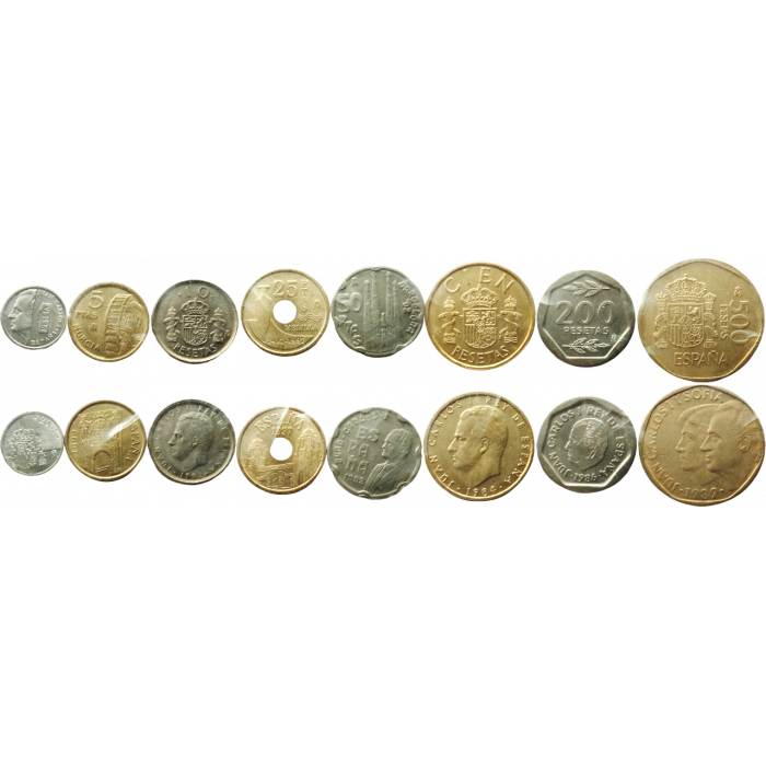 Испания 1 5 10 25 50 100 200 500 песет 1975-2001 год Набор из 8 монет