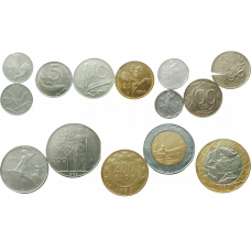 Италия 1 2 5 10 20 50 100 200 500 1000 лир 1946-2001 год Набор из 14 монет