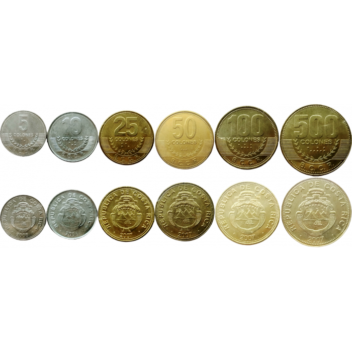 Коста-Рика 5 10 25 50 100 500 колонов 2005-2021 год Набор из 6 монет