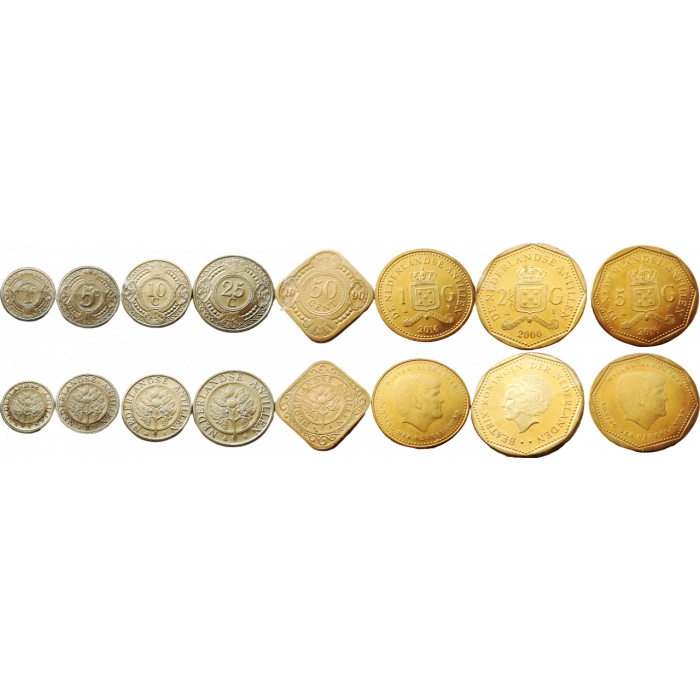 Нидерландские Антильские острова 1 5 10 25 50 центов 1 2,5 5 гульденов 1989-2022 год Набор из 8 монет
