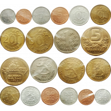 Финляндия 1 5 10 20 50 пенни 1 5 марок 1963-1990 год Набор из 10 монет