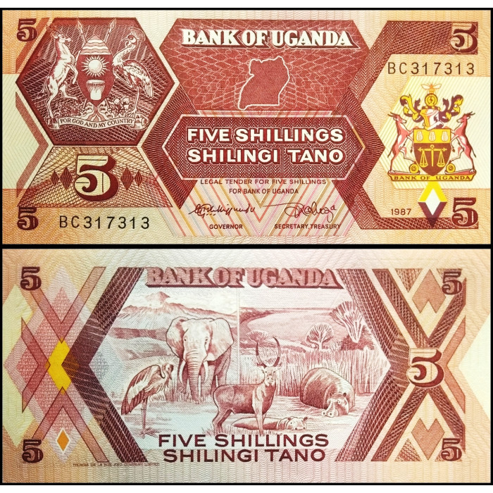 Уганда 5 шиллингов 1987 год UNC P-27