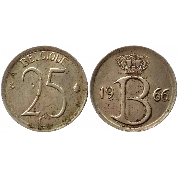 Бельгия 25 сантимов 1966 год XF KM# 153 Надпись на французском - 'BELGIQUE'