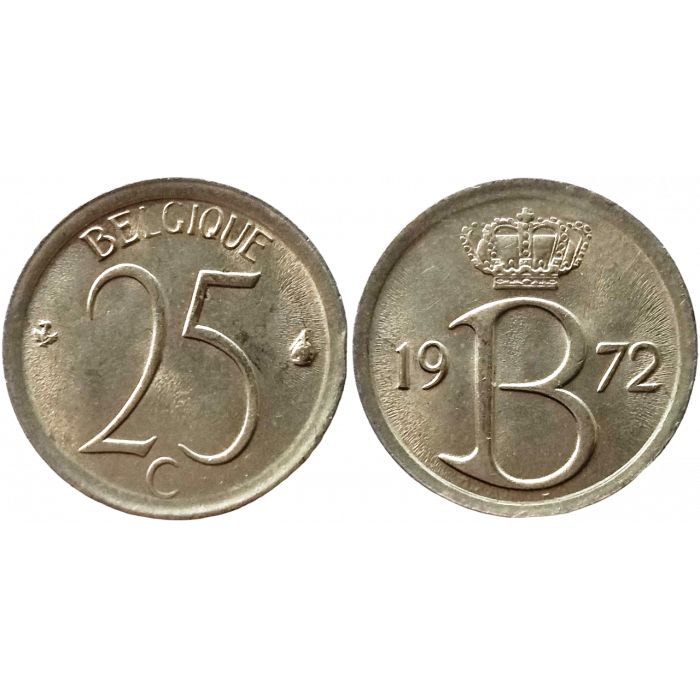 Бельгия 25 сантимов 1972 год XF KM# 153 Надпись на французском - 'BELGIQUE'