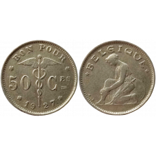 Бельгия 50 сантимов 1927 год XF KM# 87 Надпись на французском - 'BELGIQUE'