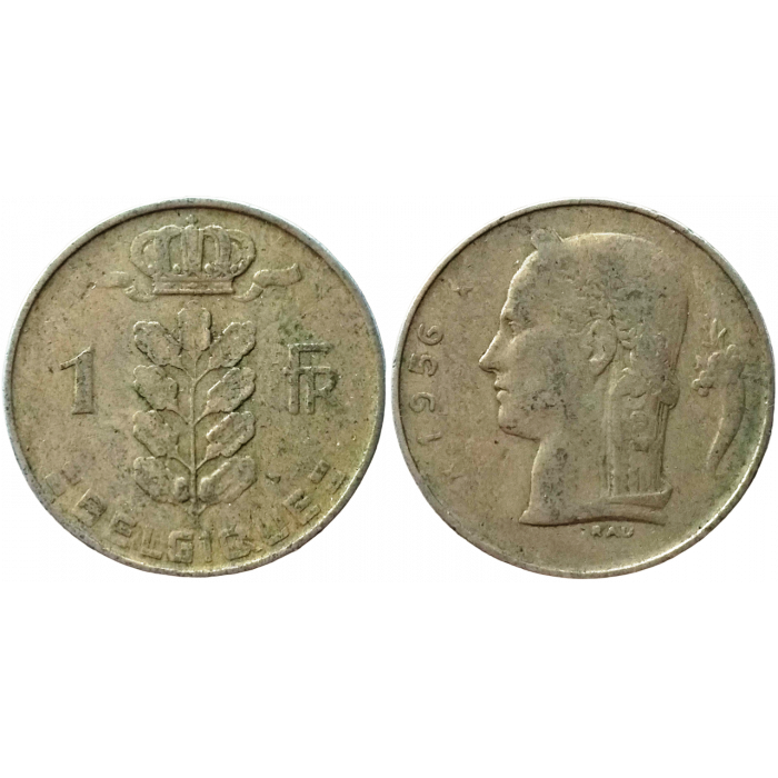 Бельгия 1 франк 1956 год XF KM# 142 Надпись на французском - 'BELGIQUE'