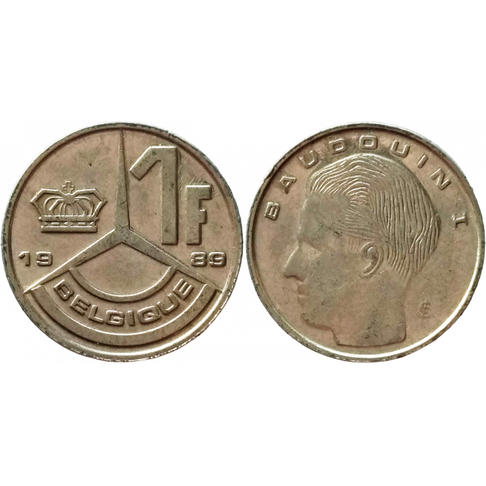 Бельгия 1 франк 1989 год XF KM# 170 Надпись на французском - 'BELGIQUE'