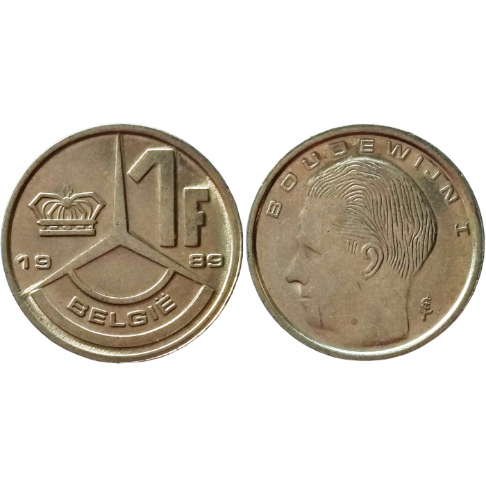 Бельгия 1 франк 1989 год XF KM# 171 Надпись на голландском - 'BELGIË'