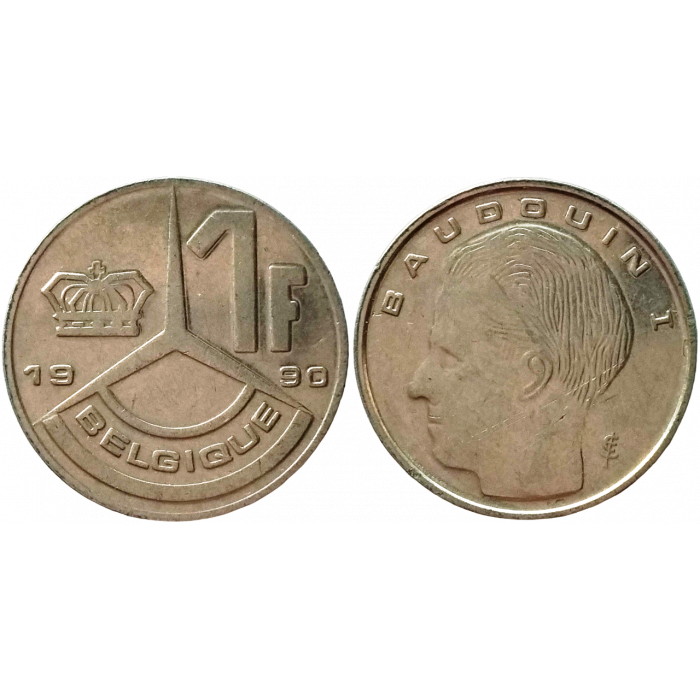 Бельгия 1 франк 1990 год XF KM# 170 Надпись на французском - 'BELGIQUE'