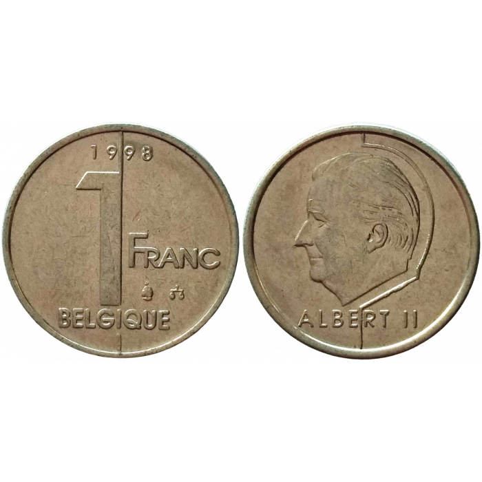 Бельгия 1 франк 1998 год XF KM# 187 Надпись на французском - 'BELGIQUE'