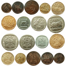 ЮАР 1 2 5 10 20 50 центов 1 2 5 рандов 1990-1995 год Набор из 9 монет