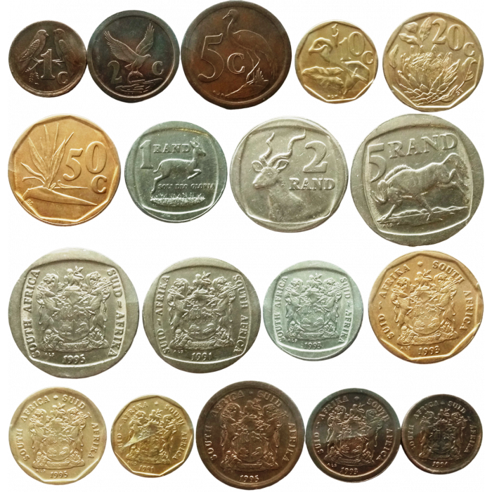 ЮАР 1 2 5 10 20 50 центов 1 2 5 рандов 1990-1995 год Набор из 9 монет