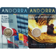 Андорра 2 евро 2023 год BUNC 30 лет вступлению Андорры в ООН и Фестиваль летнего солнцестояния Набор из 2 монет