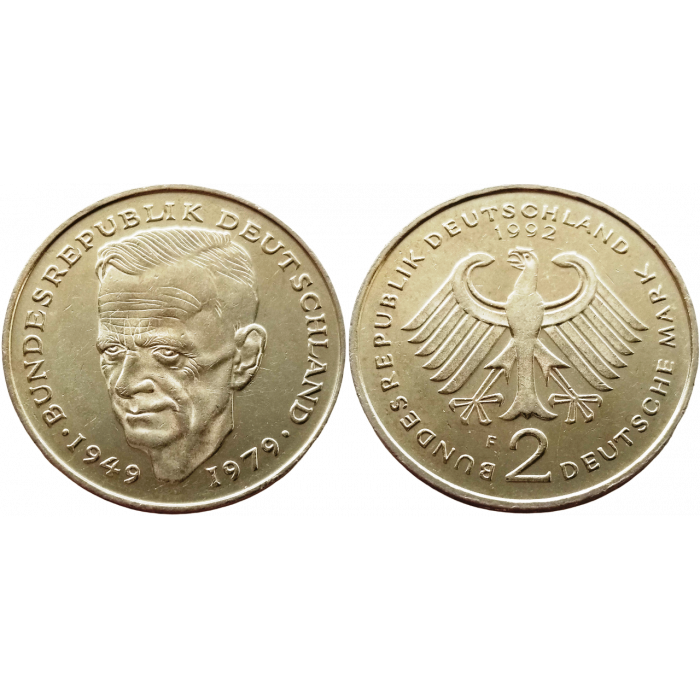 Германия 2 марки 1992 F год KM# 149 Курт Шумахер, 30 лет Федеративной Республике (1949-1979)