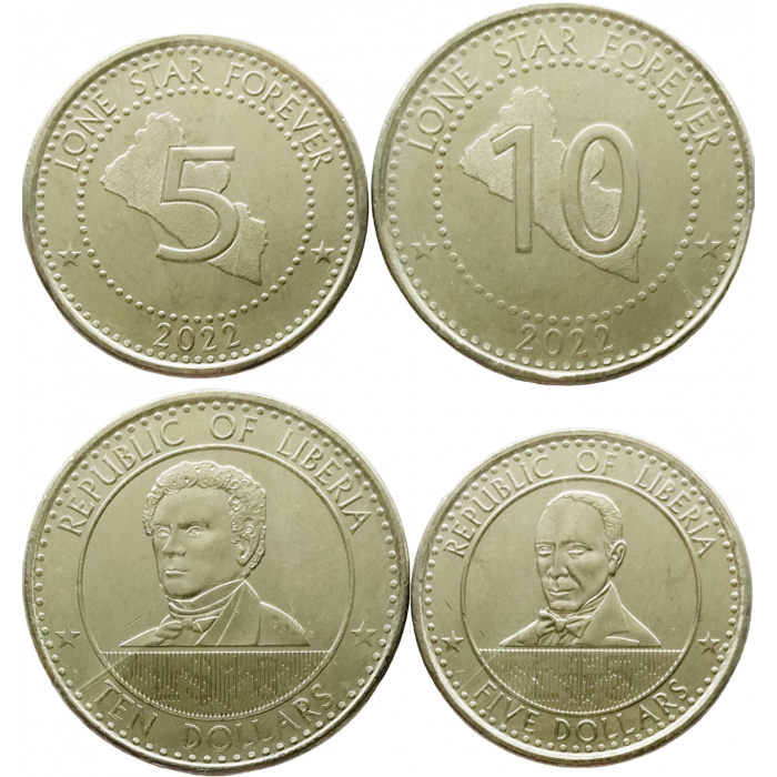 Либерия 5 10 долларов 2022 год Набор из 2 монет