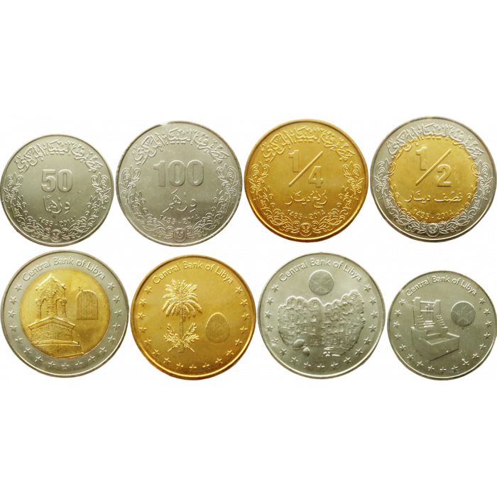 Ливия 50 100 дирхамов 1/4 1/2 динара 2014 год Набор из 4 монет