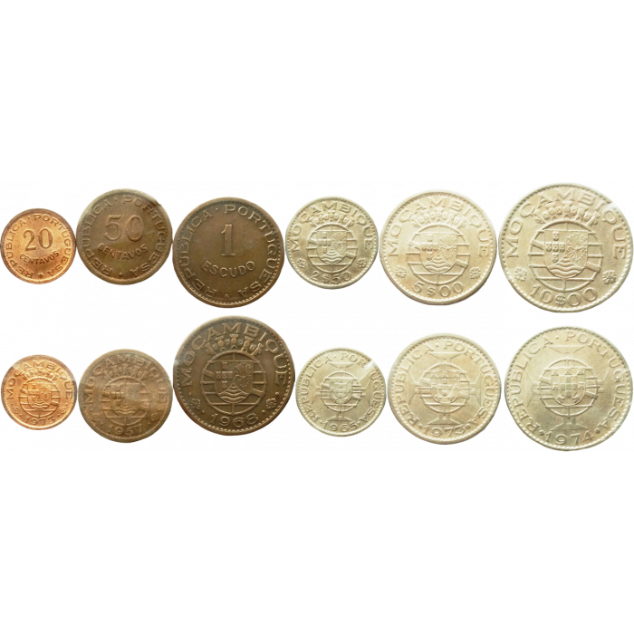 Мозамбик 20 50 сентаво 1 2,5 5 10 эскудо 1935-1974 год Набор из 6 монет