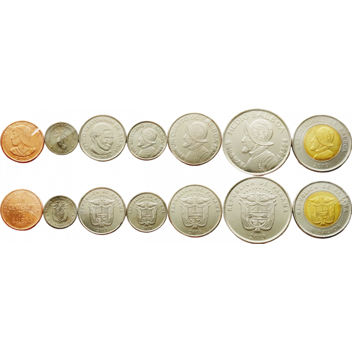 Панама 1 2 1/2 5 сентесимо 1/10 1/4 1/2 1 бальбоа 1961-2019 год Набор из 7 монет