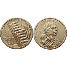 США 1 доллар 2024 P год UNC UC# 399 Закон о гражданстве индейцев Сакагавея Коренные американцы