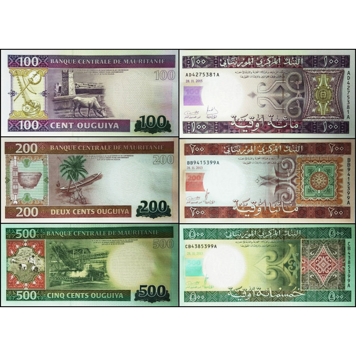 Мавритания 100 200 500 угий 2013-2015 год UNC Набор из 3 банкнот