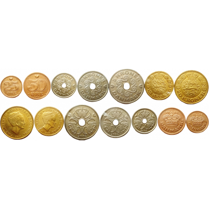 Дания 25 50 эре 1 2 5 10 20 крон 1989-2024 год Набор из 7 монет
