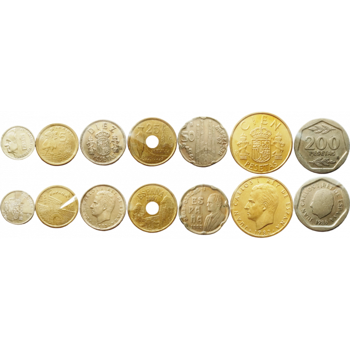 Испания 1 5 10 25 50 100 200 песет 1975-2001 год Набор из 7 монет