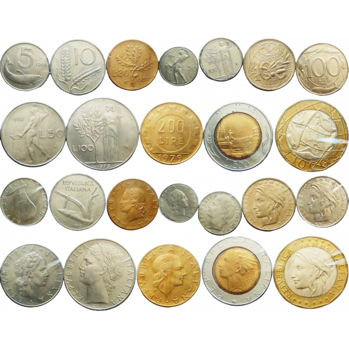 Италия 5 10 20 50 100 200 500 1000 лир 1946-2001 год Набор из 12 монет