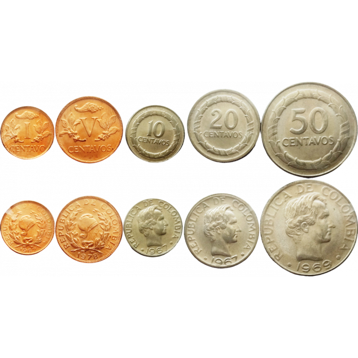 Колумбия 1 5 10 20 50 сентаво 1967-1978 год Набор из 5 монет
