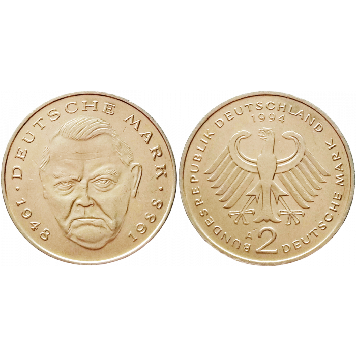 Германия 2 марки 1994 A год KM# 170 Людвиг Эрхард, 40 лет Федеративной Республике (1948-1988)