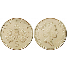 Великобритания 5 пенсов 1991 год KM# 937b Королева Елизавета II (1982 - 2022)