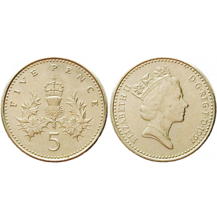 Великобритания 5 пенсов 1991 год KM# 937b Королева Елизавета II (1982 - 2022)