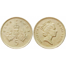 Великобритания 5 пенсов 1992 год KM# 937b Королева Елизавета II (1982 - 2022)