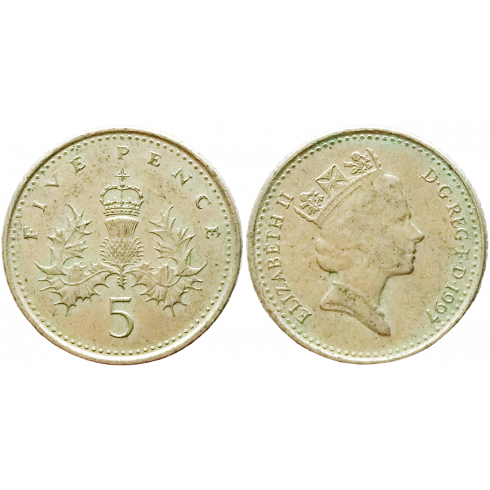 Великобритания 5 пенсов 1997 год KM# 937b Королева Елизавета II (1982 - 2022)