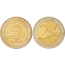 Австрия 2 евро 2012 год UNC KM# 3205 10 лет евро наличными