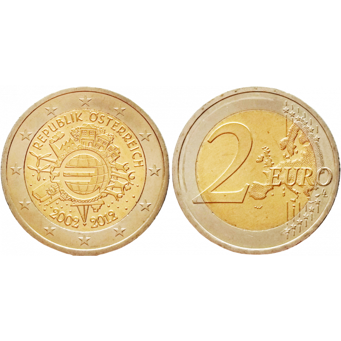 Австрия 2 евро 2012 год UNC KM# 3205 10 лет евро наличными