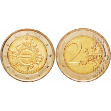 Бельгия 2 евро 2012 год UNC KM# 315 10 лет евро наличными