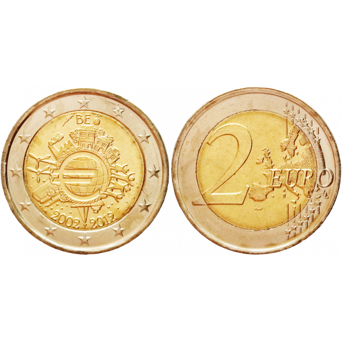 Бельгия 2 евро 2012 год UNC KM# 315 10 лет евро наличными