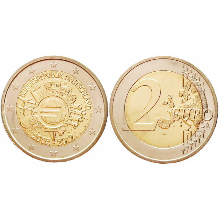 Германия 2 евро 2012 год UNC KM# 306 10 лет евро наличными