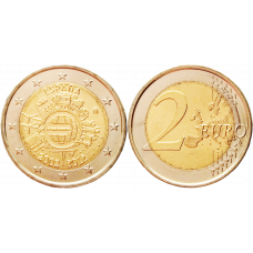 Испания 2 евро 2012 год UNC KM# 1252 10 лет евро наличными