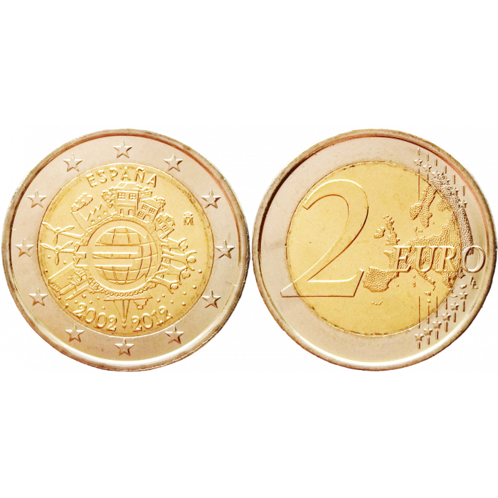 Испания 2 евро 2012 год UNC KM# 1252 10 лет евро наличными