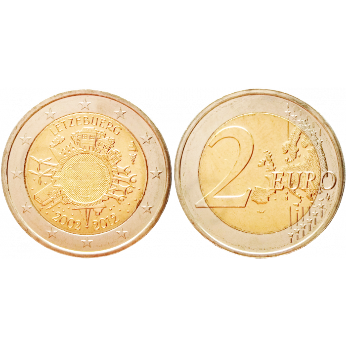 Люксембург 2 евро 2012 год UNC KM# 119 10 лет евро наличными