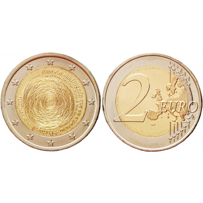 Португалия 2 евро 2024 год UNC UC# 118 50 лет со дня революции 25 апреля 1974 года