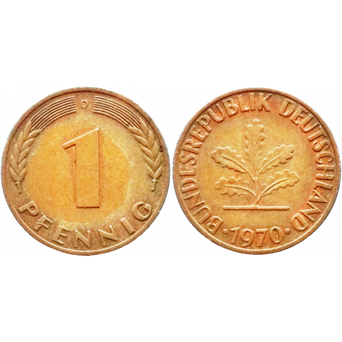 Германия - ФРГ 1 пфенниг 1970 D год KM# 105
