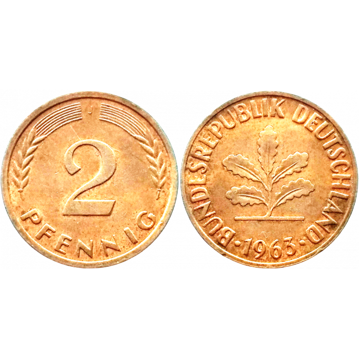 Германия - ФРГ 2 пфеннига 1963 J год KM# 106