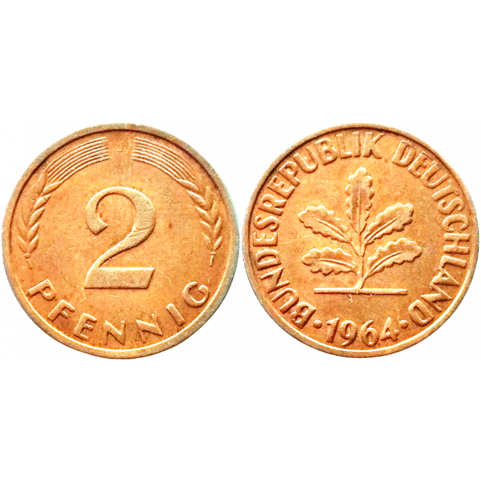 Германия - ФРГ 2 пфеннига 1964 J год KM# 106