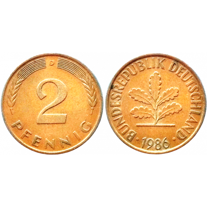Германия - ФРГ 2 пфеннига 1986 D год KM# 106a