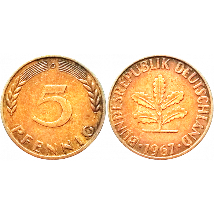 Германия - ФРГ 5 пфеннигов 1967 G год KM# 107
