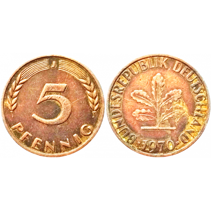 Германия - ФРГ 5 пфеннигов 1970 J год KM# 107